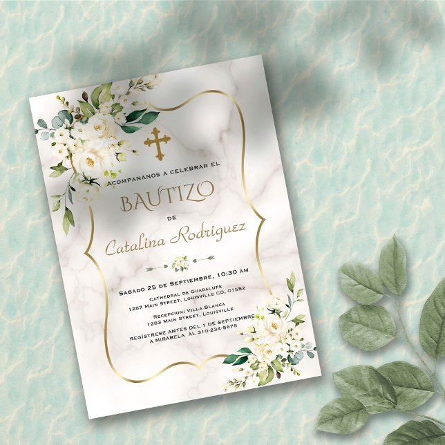 Spanish Invitacion De Bautizo White Floral Marble Invitation (Creator Uploaded)
