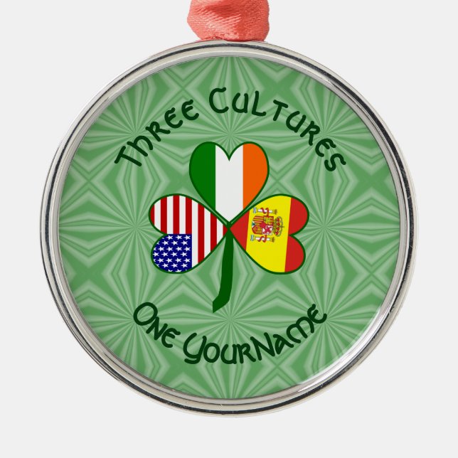 Spanish Irish American Flag Shamrock Personalize  Metal Ornament (Front)