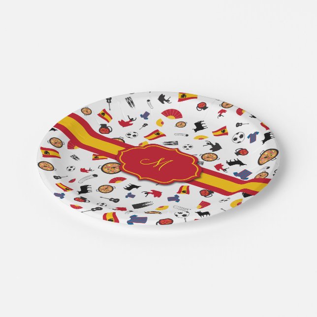 Spanish items with flag to add your monogram paper plate (Angled)