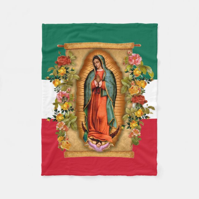 Spanish Lady of Guadalupe Mexican Flag Religious Fleece Blanket (Front)
