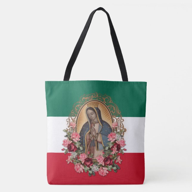 Spanish Lady of Guadalupe Mexican Flag Religious Tote Bag (Front)