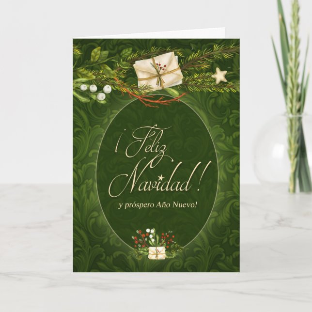 Spanish Language Retro Green Christmas Holiday Card (Front)