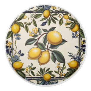 Spanish Lemon Branch Lemons Leaves Blue & White Ceramic Knob