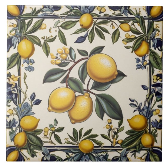 Spanish Lemon Branch Lemons Leaves Blue & White Ceramic Tile (Front)