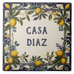 Spanish Lemon Custom House Name Plate Plaque Sign Ceramic Tile<br><div class="desc">custom house name plate, personalised house name plaque, personal customised text sign, lemon farm casa ceramic tile, mediterranean green yellow lemons fruit, traditional portuguese spanish nature, last family name surname, italian farmhouse home signage, decorative antique rustic farming villa, blue and white vintage art</div>