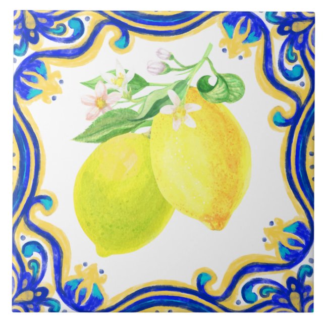 Spanish Lemon Mediterranean Yellow Blue Ceramic Tile (Front)