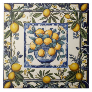 Spanish Lemons in Vase Pot Blue & White Ceramic Tile