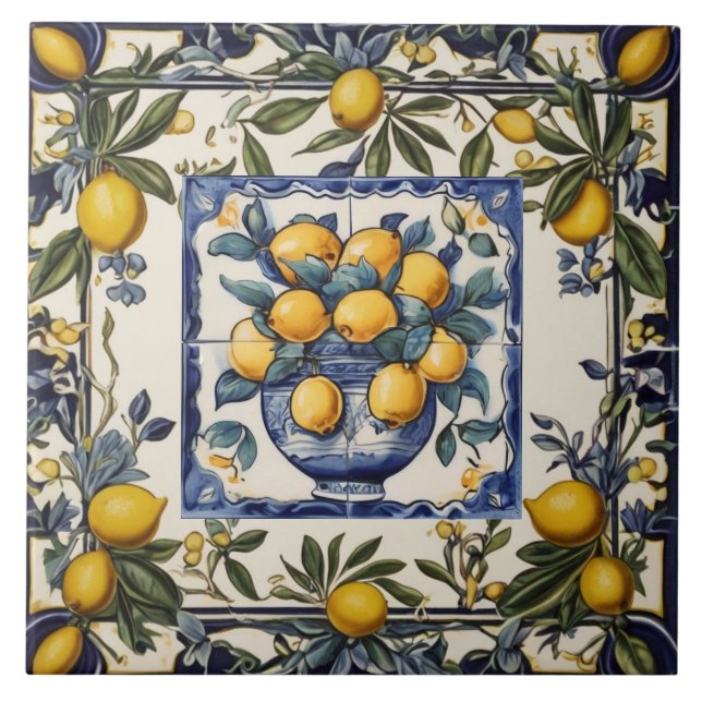Spanish Lemons in Vase Pot Blue & White Ceramic Tile (Front)