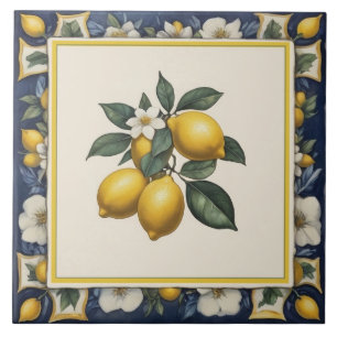 Spanish Lemons on Branch Lemon Leaves Blue & White Ceramic Tile