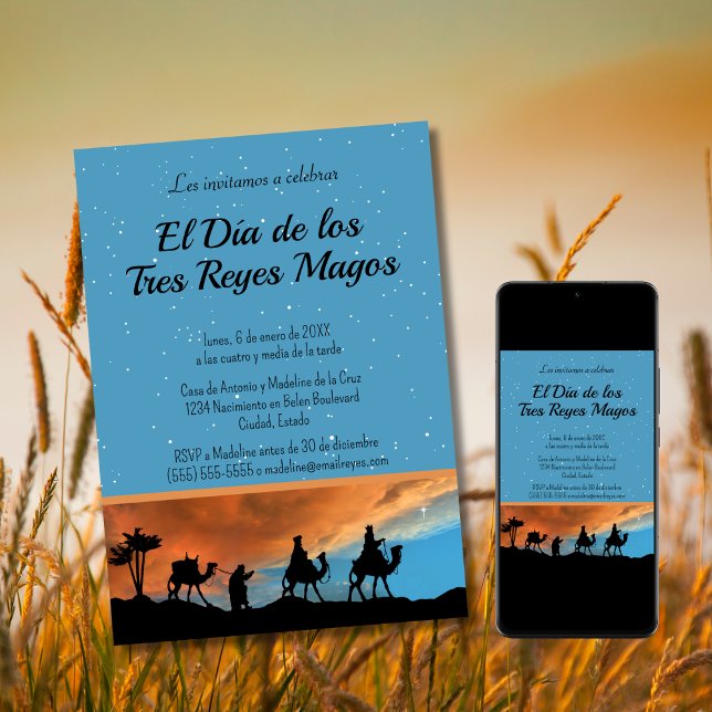 Spanish Light Blue Sunset Three Kings Christmas  Invitation (Creator Uploaded)