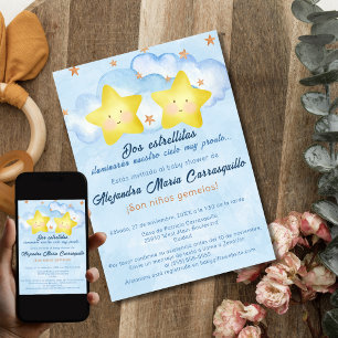 Spanish Little Stars Blue Twin Boys Baby Shower Invitation