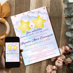 Spanish Little Stars Pink Blue Twins Baby Shower Invitation