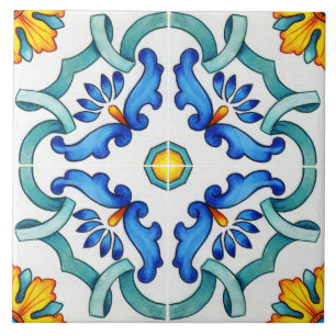 Spanish Majolica Blue Floral Mosaic Ceramic Tile