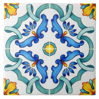 Spanish Majolica Blue Floral Mosaic Ceramic Tile