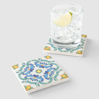 Spanish Majolica Blue Floral Mosaic Stone Coaster