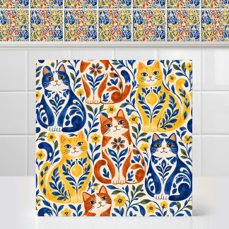 Spanish Majolica Folk Art Bold Cat Pottery Pattern Ceramic Tile