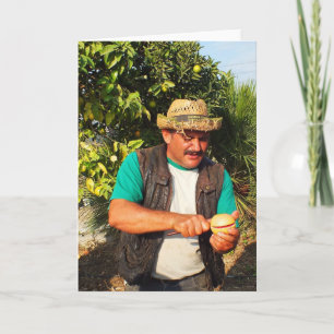Spanish man with grapefruit holiday card