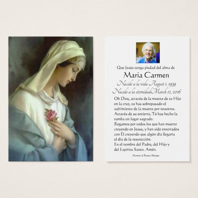 Spanish Mary Catholic Funeral Memorial Holy Card - (Front & Back)