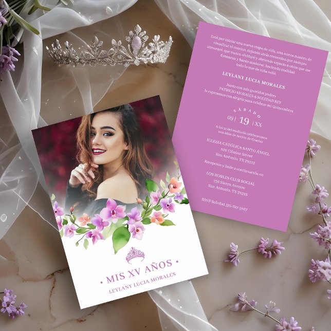 Spanish Mauve Princess Crown & Garland Mis XV Años Invitation (Spanish Mauve Princess Crown & Garland Mis XV Años Photo Invitation Card. )