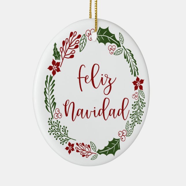 Spanish Merry Christmas Wreath, Feliz Navidad Ceramic Ornament (Right)