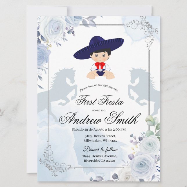 Spanish Mexican First Fiest Blue Charro Invitation (Front)
