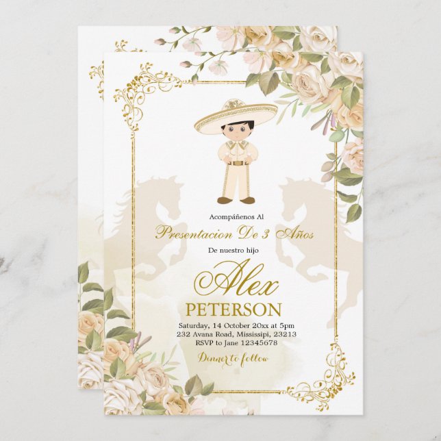 Spanish Mexican Gold Charro 3 Anos Invitation (Front/Back)