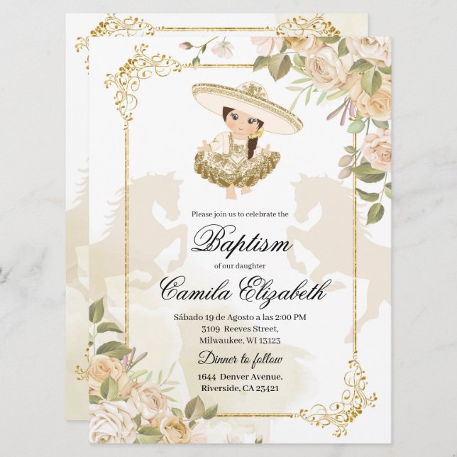 Spanish Mexican Gold Girl Charra Baptism Invitation (Front/Back)