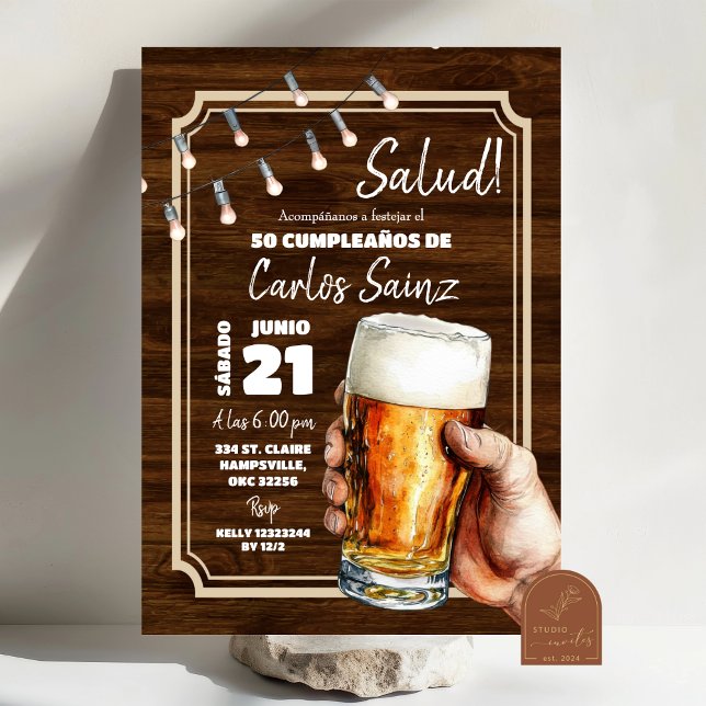 Spanish Mexican Man Beer Salud Birthday Invitation (Creator Uploaded)