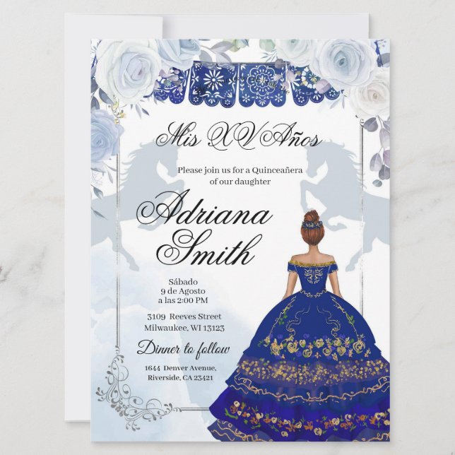 Spanish Mexican Mis Quince Navy Blue Silver Invitation (Front)