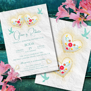 Spanish, Mexican Pastel Hearts Flowers Doves Invitation