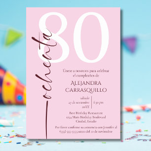 Spanish Minimalist Chic Pink White 80th Birthday  Invitation