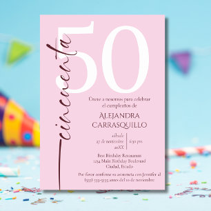 Spanish Minimalist Pink Feminine 50th Birthday  Invitation