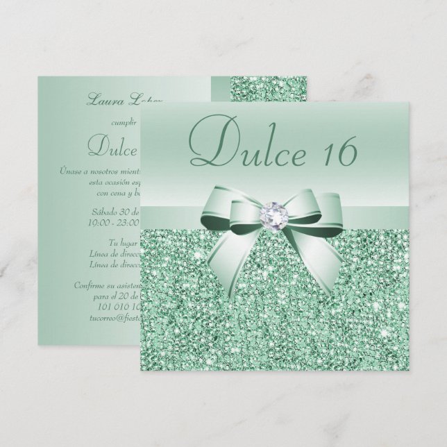 Spanish Mint Green Sequins, Bow & Diamond Dulce 16 Invitation (Front/Back)