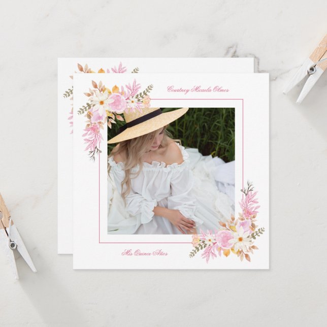Spanish Mis XV Romantic Photo Spring Bouquet Invitation (Front/Back In Situ)