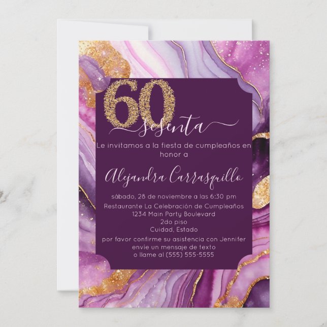 Spanish Modern Pink Agate 60th Birthday Party Invitation (Front)
