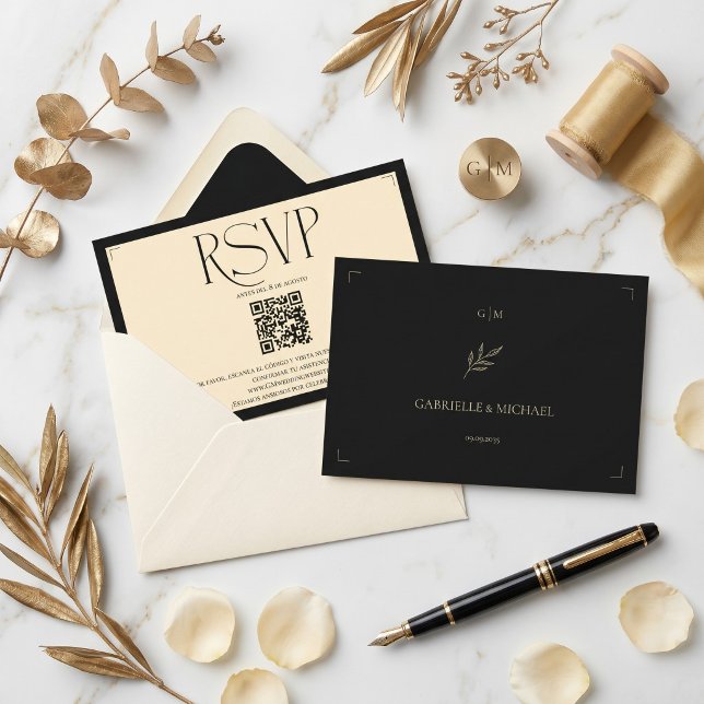 Spanish Monogram Cream and Black Wedding QR code RSVP Card (Creator Uploaded)