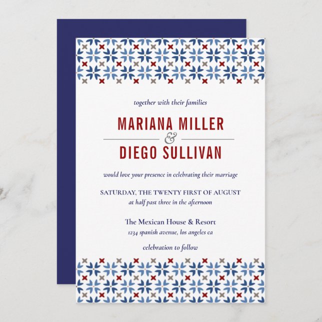Spanish Navy and Red Tile Mediterranean wedding Invitation (Front/Back)
