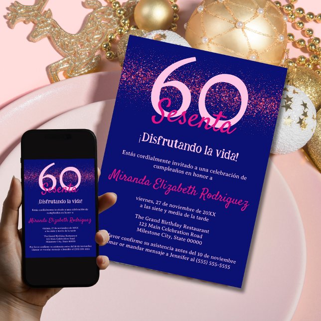 Spanish Navy Hot Pink Glitter Womens 60th Birthday Invitation (Creator Uploaded)