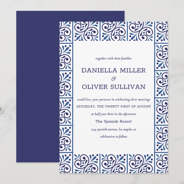 Spanish Navy Indigo Tile Mediterranean wedding Invitation (Front/Back)