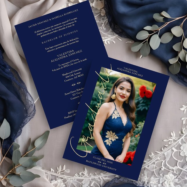 Spanish Navy Trendy Photo Script Typography Grad Invitation (Spanish Navy Blue and White Trendy Photo Whimsical Script Typography Graduation Invitation Card. )