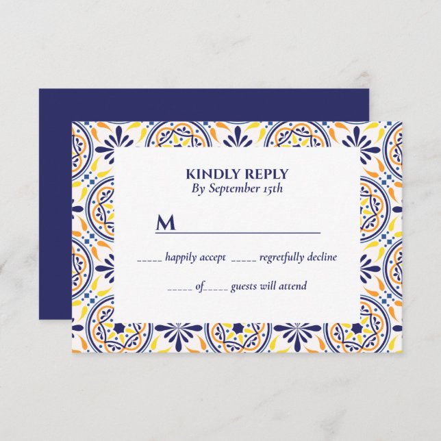 Spanish Navy Yellow Tile Mediterranean wedding Invitation (Front/Back)