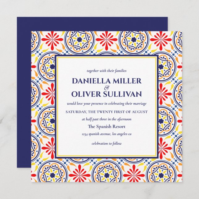 Spanish Navy Yellow Tile Mediterranean wedding VA Invitation (Front/Back)