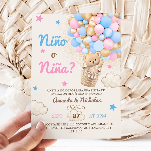 Spanish Nino o Nina Bear Balloon Gender Reveal Invitation (Creator Uploaded)