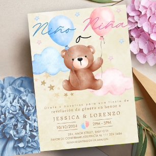 Spanish Nino o Nina Bear Balloon Gender Reveal Invitation