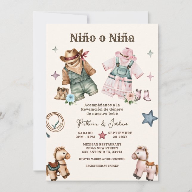 Spanish Nino o Nina Cowboy Gender Reveal Invitation (Front)