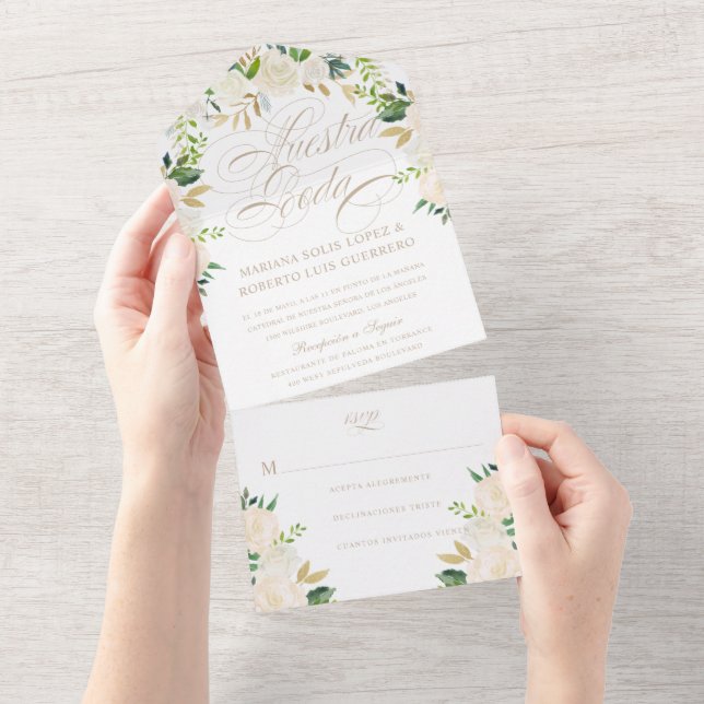 Spanish Nuestra Boda Flores Pintadas Wedding All In One Invitation (Tearaway)