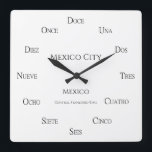 Spanish Numbers Custom City Country and Time Zone Square Wall Clock<br><div class="desc">This clock with Spanish numbers can be personalised to show the place,  country,  and time zone of your choice. Great for businesses that communicate with different time zones or those who have friends and relatives in Spanish speaking countries. Upload an image of your choice for a more personalised look.</div>