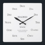 Spanish Numbers Personalised Place and Time Zone Square Wall Clock<br><div class="desc">This clock with Spanish numbers can be personalised to show the place,  country,  and time zone of your choice. Great for businesses that communicate with different time zones or those who have friends and relatives in Spanish speaking countries. Upload an image of your choice for a more personalised look.</div>