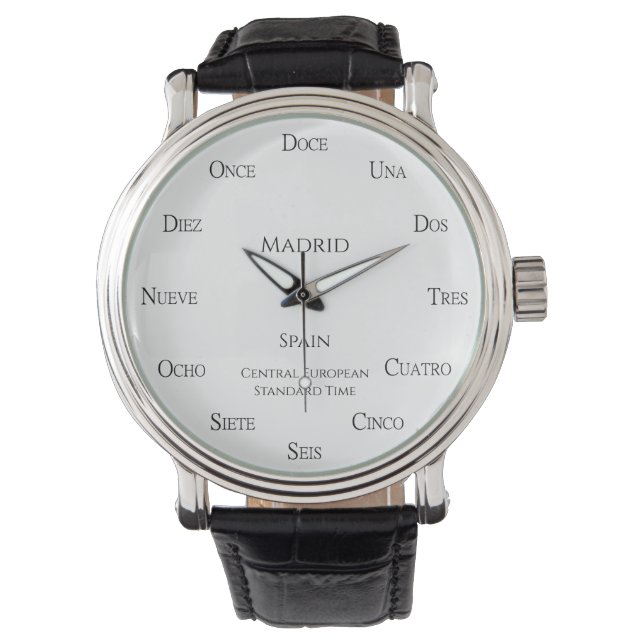 Spanish Numbers Personalised Place and Time Zone Watch (Front)