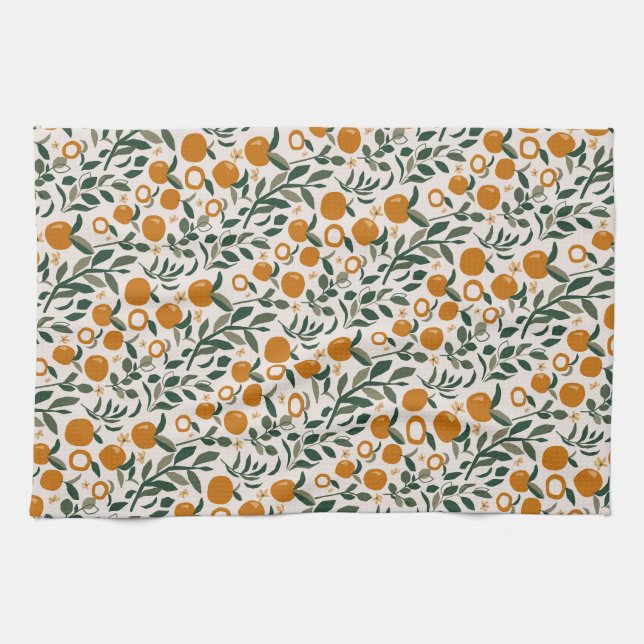 Spanish Orchard - pattern of oranges and leaves Tea Towel (Horizontal)